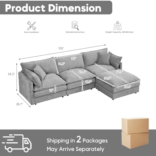 Modern 102" L Shaped Sectional Sofa Cloud Couch, Modern Chenille Comfy Modular Sleeper Sofa, Upholstery Sofa with Ottoman & Memory Foam for Living Room, Grey