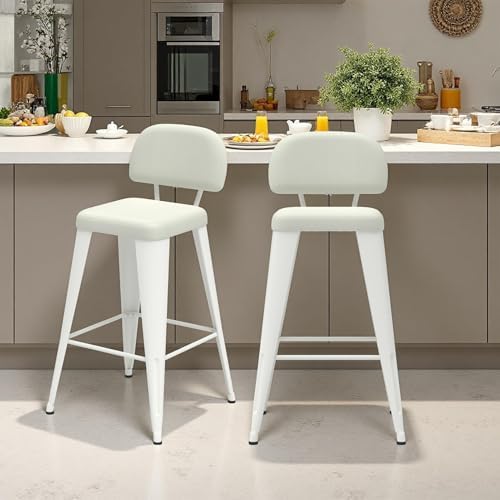 24 Inch Metal Bar stools Set of 2, Upholstered Bar Stools with Removable Back & Metal Legs, Industrial Barstools for Kitchen Island, Cafe (Beige Seat, White Legs)