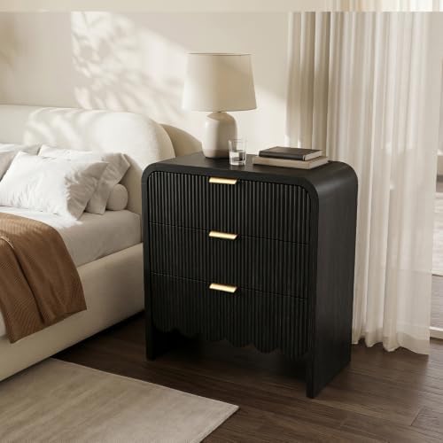 Scalloped Black 3 Drawer Dresser for Bedroom, 32'' Wide Large Drawer Nightstand,3 Drawer End Table Living Rooms, Offices, and Entryway