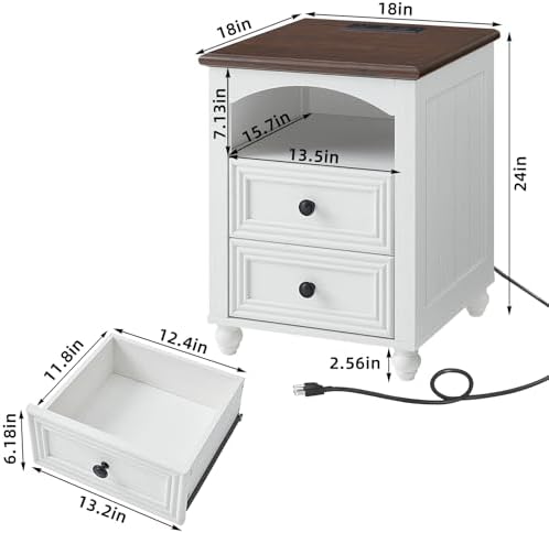 RWYHG 18" Night Stand with Charger Station, Nightstand with 2 Drawers