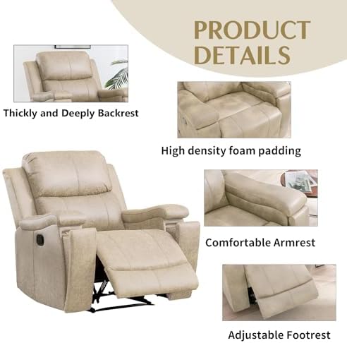CANMOV Leather Recliner Chair Set of 2, Classic and Traditional Manual Recliner Chair with Overstuffed Arms and Back, Manual Single Sofa with Concealed Cup Holders,Beige