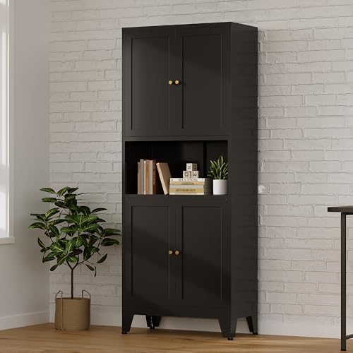 Metal Storage Cabinet, 69" Tall Bathroom Cabinets with 4 Doors & 3 Adjustable Shelves Large Cupboard, Black Metal Pantry Cabinets for Kitchen, Home Office, Garage, Warehouse