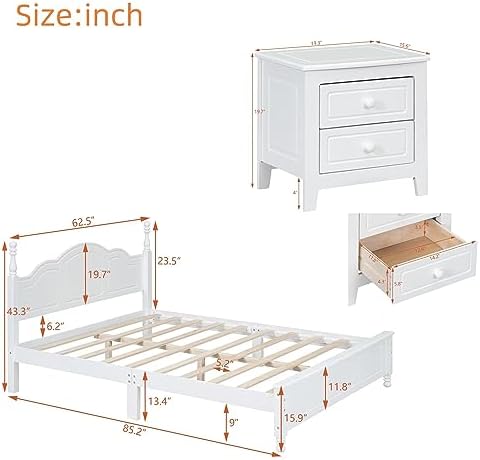Merax 3 Pieces Mid Century Wood Bedroom Set with Queen Size Platform Bed with Classic Headboard, Nightstand with 2 Drawers White