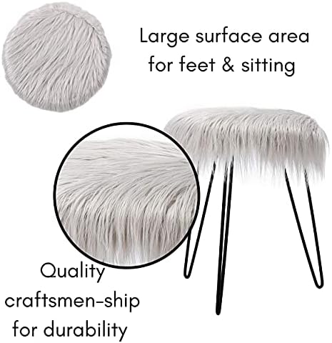 BIRDROCK HOME Round Faux Fur Foot Stool Ottoman with Black Hairpin Legs - Cozy and Stylish Makeup Chair with Soft Padded Vanity Seat and Metal Legs for Bedroom, Living Room, or Kids Room (Grey/Black)