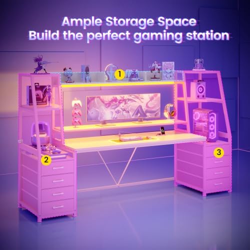 SEDETA 79'' Gaming Desk with LED Lights,8 Drawers and Storage Shelves, Pink