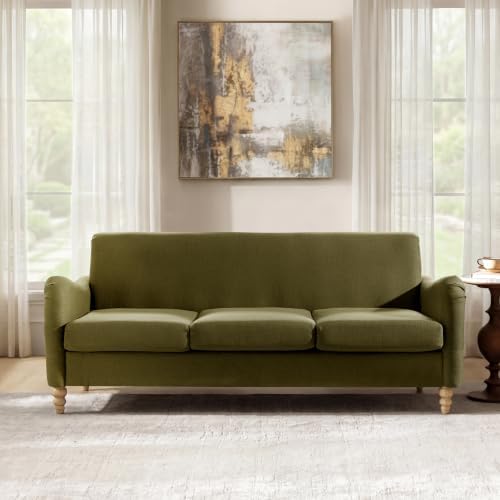 HULALA HOME Farmhouse Curved Couch, 3 Seater Upholstered Sofa, Moss