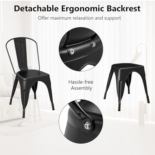 COSTWAY Stackable Metal Dining Chairs Set of 4 with Back, Indoor & Outdoor