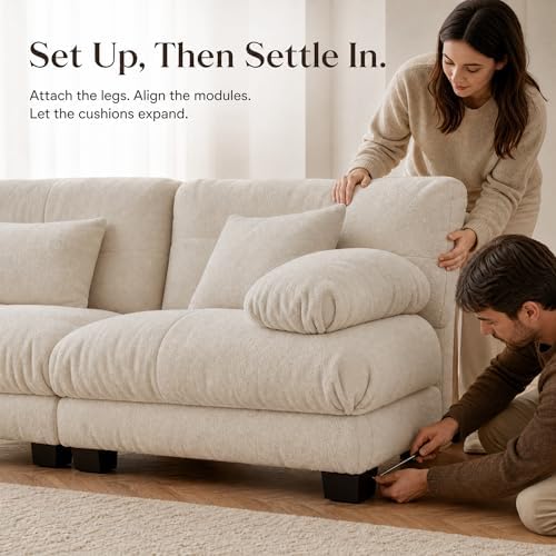133.8" Chenille Cloud Couch, 3 Seater Sofa Couch, Beige