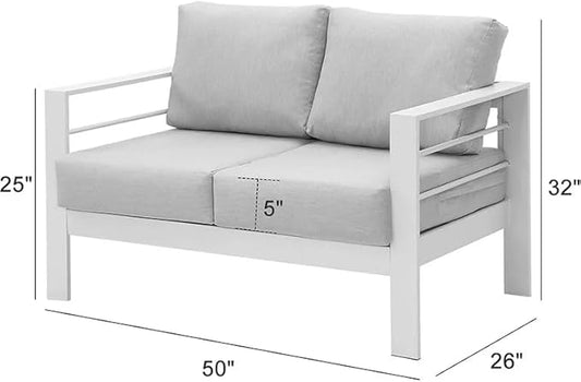Kiss the Water Loveseat Aluminum Outdoor Patio Sofa Set, All Weather Rust-Proof Metal Patio Couch, Modern Outdoor Furniture for Backyard Porch Garden, 5" Thick Waterproof Olefin Cushions, Light Grey