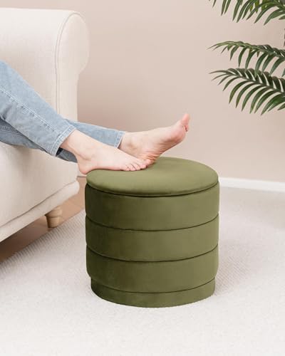 B FSOBEIIALEO 15.4" Round Velvet Storage Ottoman with Tray, Olive