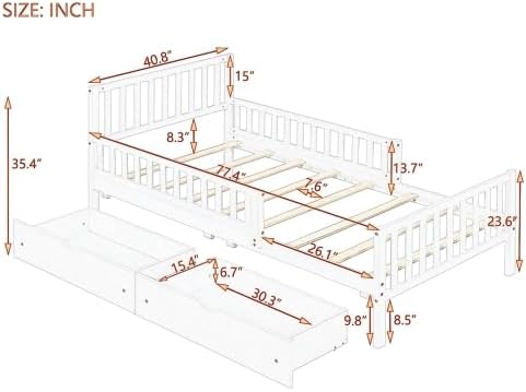Bellemave Kids Twin Bed Frame with Fences and 2 Drawers, Twin Size Wooden Platform Bed with Guardrails on Both Sides for Boys Girls, Grey