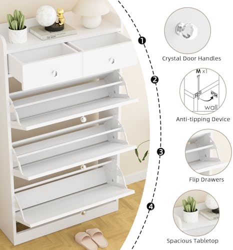 VOWNER Shoe Cabinet with 3 Flip Drawers & 2 Drawers, Freestanding Shoe Storage Cabinet with Adjustable Shelves, Shoe Organizer for Entryway, Hallway, Living Room, White