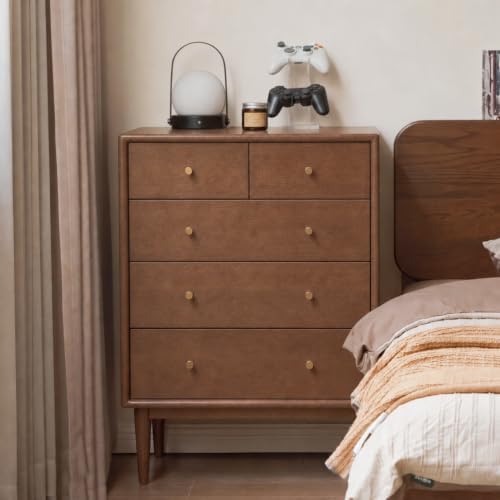 Solid Wood 5-Drawer Nightstand for Bedroom, Rubber Wood