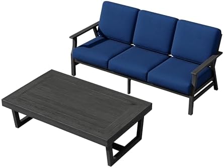 Pia Ricoo Outdoor Premium Teak Wood Couch with Armrests & Table, All‑Weather Outdoor Furniture for Backyard, Deck, Lawn, Navy/Dark