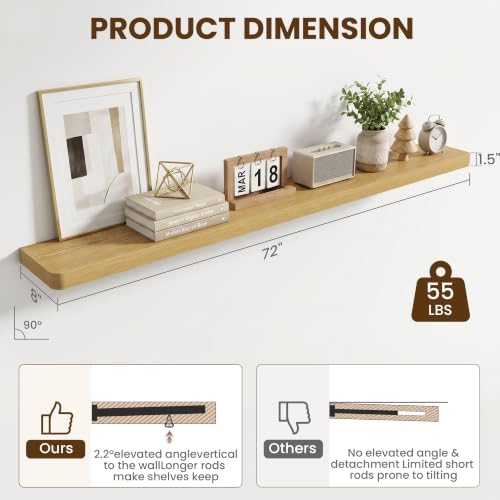 RICHFOCUS 72Inch Long Floating Shelves for Wall 1Pack, Oak, 8" Deep