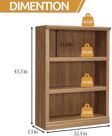blini 3-Shelf Bookcase Wooden Bookshelves 33in Wide Floor Standing Display Storage Shelves Oak Bookcase for Home Office, Living Room, Bed Room