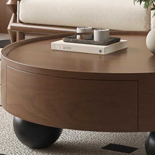 Round Wood Coffee Table with Storage Drawers, Modern Low Circular Center Table with 3 Ball Legs, Walnut Finish Storage Cocktail Table for Living Room Bedroom, Apartment-35.43“*14.96”