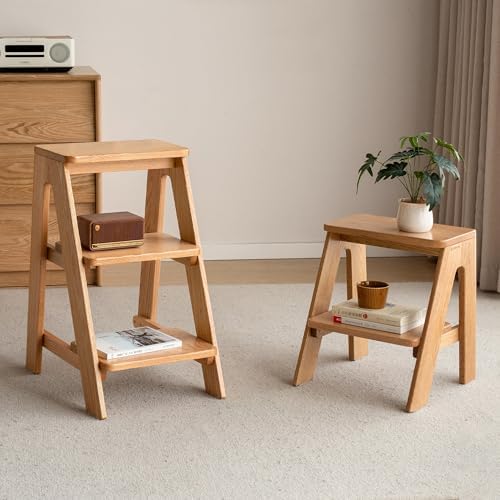 100% Solid Oak Wood 2 Step Stool, Multifunctional 2-Tier End Table Nightstand Plant Stand Dining Makeup Stool for Living Room Bedroom Kitchen