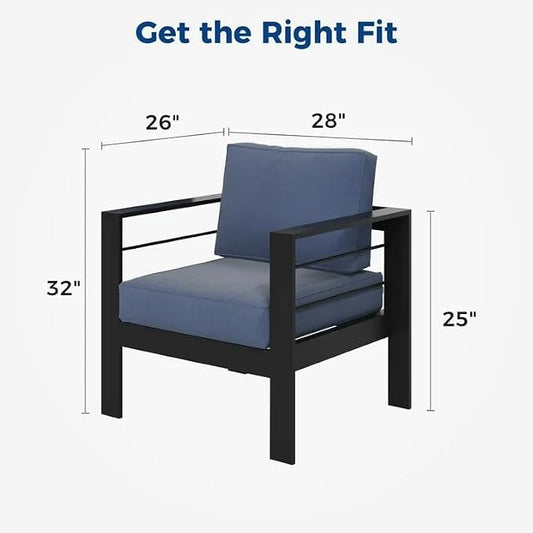 Kiss the Water Outdoor Patio Metal Furniture Chair, 2 PCS All-Weather Aluminum Outdoor Sofa with 5" Thick Soft Cushion and Wide Arm, Deep Seating Patio Couch for Balcony, Porch, Backyard