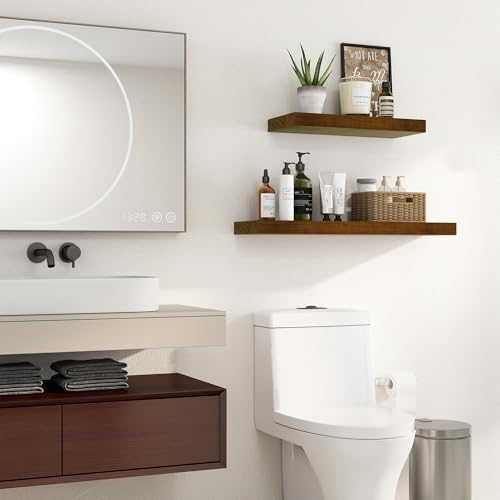 Floating Shelves, 9.3'' Deep Solid Pine Wood Wall Shelves for Storage, Wall Mounted Display Shelf with Invisible Heavy-Duty Metal Bracket, 24'' Width Set of 2, Walnut