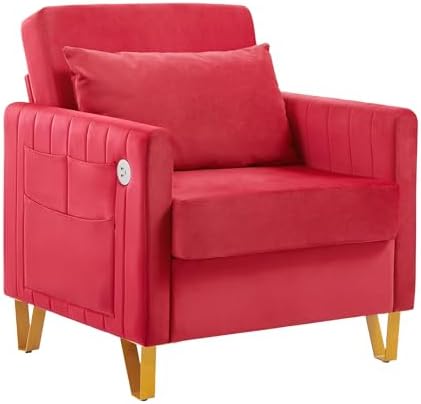 Accent Chair for Living Room Modern Velvet Accent Chair with USB Port and Storage Comfy Reading Chair Armchair with Throw Pillow for Apartment Office (Rose Red)