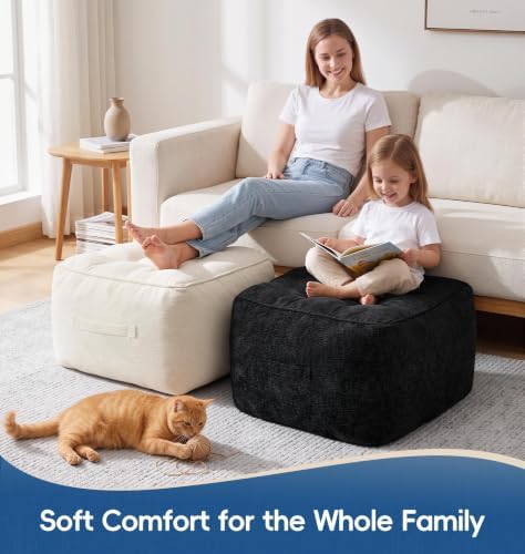 Hobestluk Pouf Ottoman Foot Rest Chenille Square Large Ottoman, Black