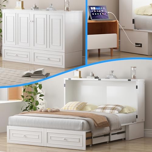 PUREMIND Queen Murphy Bed with Mattress Included, Hideaway Cabinet Bed with 2 Storage Drawers & USB Ports, Space‑Saving Bed for Guest Room, Apartment, Home Office, White