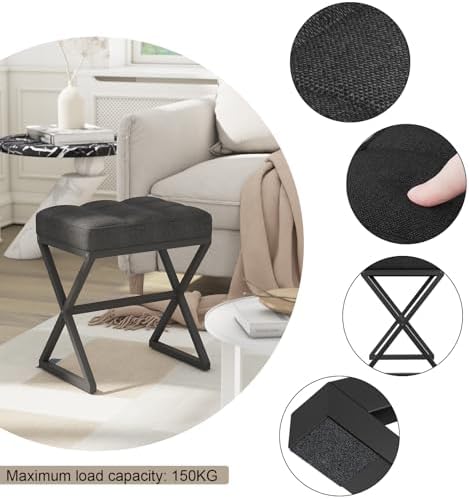YMYNY Vanity Stool, Linen Footrest Stool, Ottoman Bench with X-Shaped Metal Legs, Makeup Dressing Stool for Vanity, Living Room, Bedroom, Entryway, Hallways 15.74" D×11.81" W×18.11" H Black UHBD033B