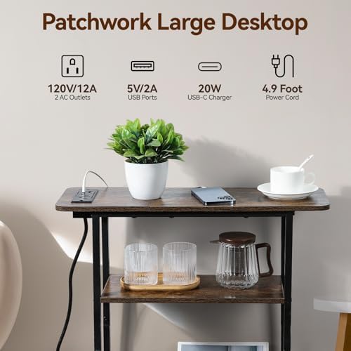 Narrow End Table with USB-C Charging Station, 3-Tier Slim Side Table