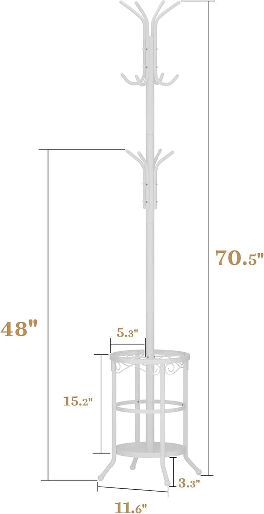 Coat Rack Freestanding with Umbrella Holder – Metal Hanger Stand, Hall Tree with 12 Hooks, Entryway Organizer for Hats, Bags, and Clothes (White)
