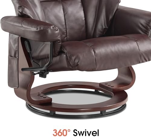 MCombo Manual Swivel Recliner with Ottoman, Reclining Chair with Vibration Massage for Small Spaces, Living Room, Office, Faux Leather 9068 (Dark Brown)