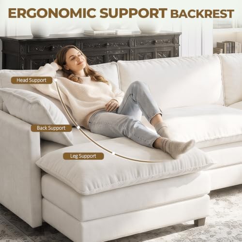 LEVELEVE 146" U-Shape Modular Sofa with 2 Ottomans, Deep Seat Cloud Convertible Sleeper, 2 Arm Pillows, Comfortable Large Upholstered Furniture for Living Room Apartment, Beige