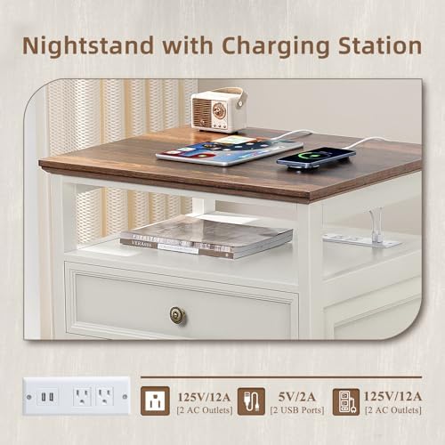 Joaxswe Farmhouse Nightstand with Charging Station, 24" Wide End Table with 2 Drawers,White Wood Dresser for Bedroom, Bed Side Table Chest of Drawers Cabinet,Night Stand for Living Room, Closet