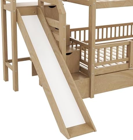 Twin Over Twin Bunk Bed with Storage Staircase, Slide and 2 Drawers,for Kids Teens Adults (Walnut#Slide, Twin Over Twin)
