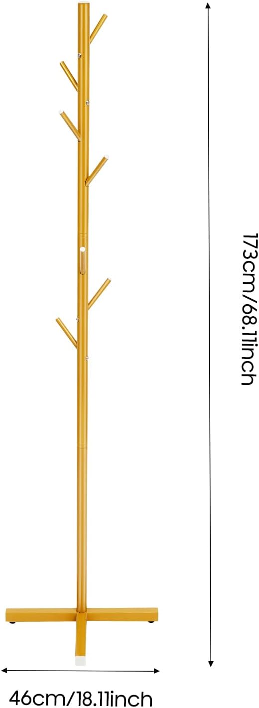 Modern Coat Rack,Free Standing 7 Hooks Hall Tree,Easy Assembly for Coats, Hats,Scarves and Handbags for Entryway, Hallway,Bedroom,Office,Gold