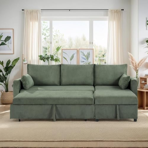 Queen Sleeper Sofa, Convertible Sofa Bed with Storage, 85 Inch Sectional Couch with Pull Out Bed, L Shaped 3 Seat Sectional Sleeper Sofa for Living Room, Apartment, Green