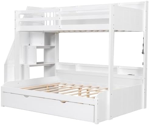 Twin Over Full Bunk Bed with Storage Staircase and Trundle,Storage Shelves, LED and USB,for Kids Teens Adults Bedroom Use (White-USB, Twin Over Full)