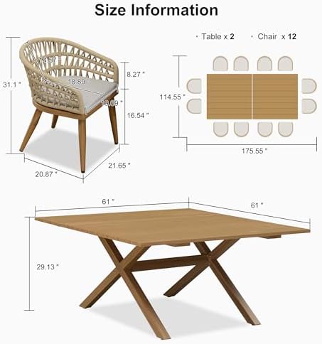 PURPLE LEAF Patio Dining Set 14 Pieces Rattan Aluminum Thick Cushion Teak