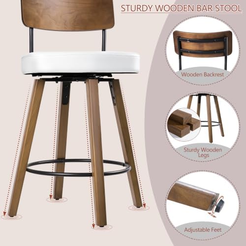 Counter Height Bar Stools with Wood Back and Legs, 25 inch Swivel Bar Stools Set of 2, Upholstered Bar Chairs, Wooden Swivel Bar Chairs Counter Stools for Kitchen Island Farmhouse, White &Wood
