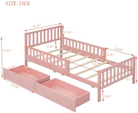Bellemave Girls Twin Bed Frame with Fences and 2 Drawers, Kids Twin Platform Bed with Guardrails on Both Sides, Pink