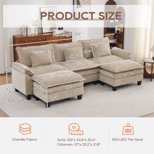 IPKIG 117" Modular Sectional Cloud Couch, U-Shaped Sofa with Ottoman, Khaki