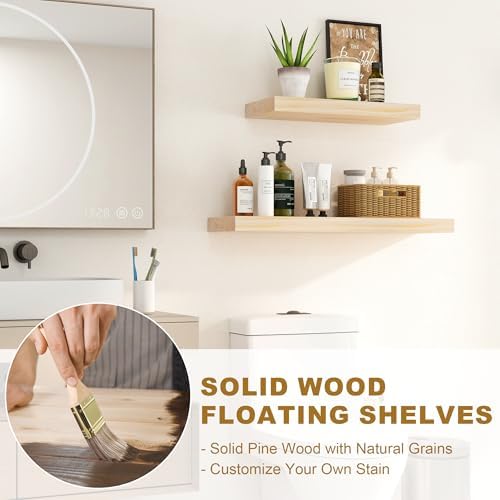 Floating Shelves, 9.3'' Deep Solid Pine Wood Wall Shelves for Storage, Wall Mounted Display Shelf with Invisible Heavy-Duty Metal Bracket, 36'' Width Set of 2, Unfinished - DIY Stain