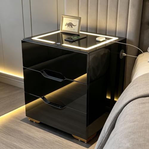 kepptory 3 Drawer Nightstand with Charging Station, Smart Bedside Table with Wireless Charging & LED Lights, High Gloss End Table with USB Ports, Modern Storage Cabinet Organizer for Bedroom, Black