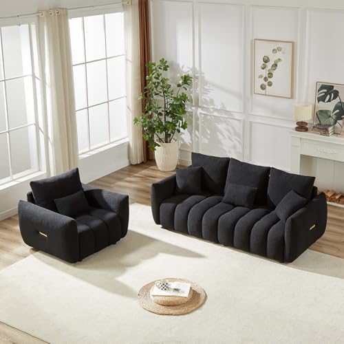 Antetek 78" Modern Sofa Couch, Comfy Deep Seat Teddy Fabric Cloud Sofa, Upholstered 3-Seater Boucle Couch, Oversized Loveseat for Living Room, Bedroom, Office, Apartment, Black