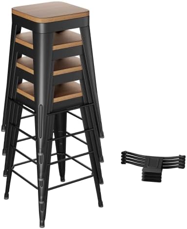 Bar Stools Set of 4 Metal Bar Stool Counter Height Bar Stools 26" Black Modern Bar Chairs with Back and Wooden Seat Bar Stool Counter Height