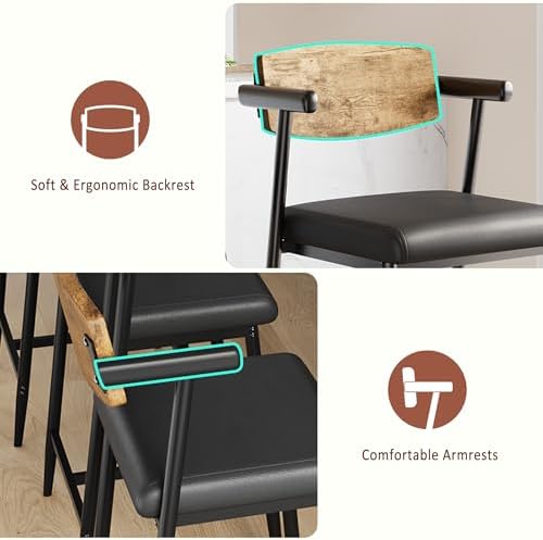 IDEALHOUSE Counter Height Bar Stools Set of 6, 26" Metal Barstools Set with Armrest & Footrest, Bar Chairs with Wood Back &Thickened Wide Soft Seat for Kitchen Island, Counter Height Bar, Rustic Brown