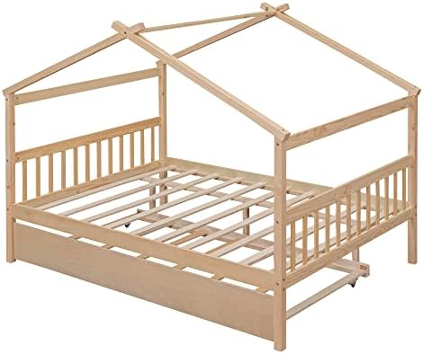 Merax Full Size Wooden House Bed with Trundle, Wood Bed Frame with Roof for Kids, Teens, Boys or Girls, Natural