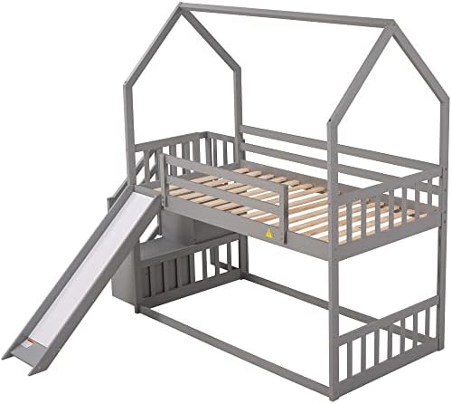 RuiSiSi Twin Over Twin Bunk Bed with Slide, Wood House Bunk Bed Frame with Staircase and Storage Shelves for Boys Girls, No Box Spring Needed, Nosie Free, Grey