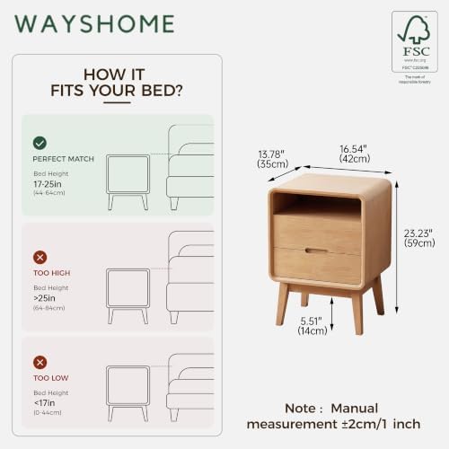 Solid Wood Nightstand, Mid Century Modern Small Nightstand with Two Drawers, Small Night Stand with Open Shelf, Oak Bedside Table for Bedroom, Dorm(Natural Wood Color)