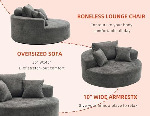 55" Oversized Round Swivel Chair, 360° Rotating Chenille Cotton Blend Chair, High-Density Foam Cushion, Comfy Modern Accent Chair for Living Room, Bedroom, Reading Nook, Apartment & Office